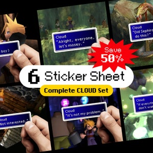 Könnte beinhalten: Ein Set mit sechs Stickerbögen mit Zitaten aus dem Videospiel Final Fantasy VII. Die Stickerbögen sind auf weißem Hintergrund mit schwarzem Text gedruckt. Der Text auf den Stickerbögen enthält Zitate des Charakters Cloud Strife. Die Stickerbögen sind 50% reduziert.