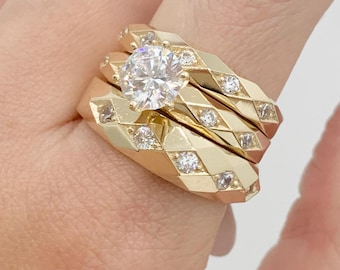 14K Trio Wedding Ring Set Diamond Design