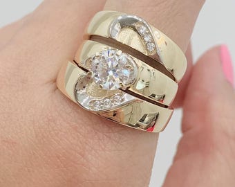 14K Trio Wedding Ring Set 2Tone Curve Design