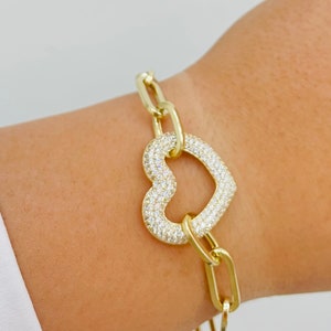 14K Large Chunky CZ Heart Open Link Bracelet