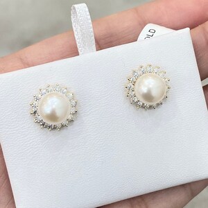14K CZ Pearl Stud Earrings