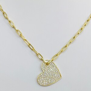 14K CZ Hanging Heart Plate Paperclip Chain