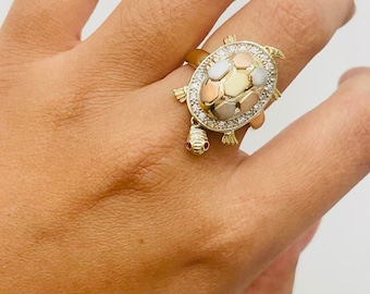 14K Tricolored MOM Turtle Ring