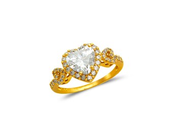 14K Triple Heart CZ Halo Solitaire Ring