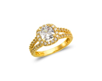14K Cushion Cut CZ Halo Solitaire Ring