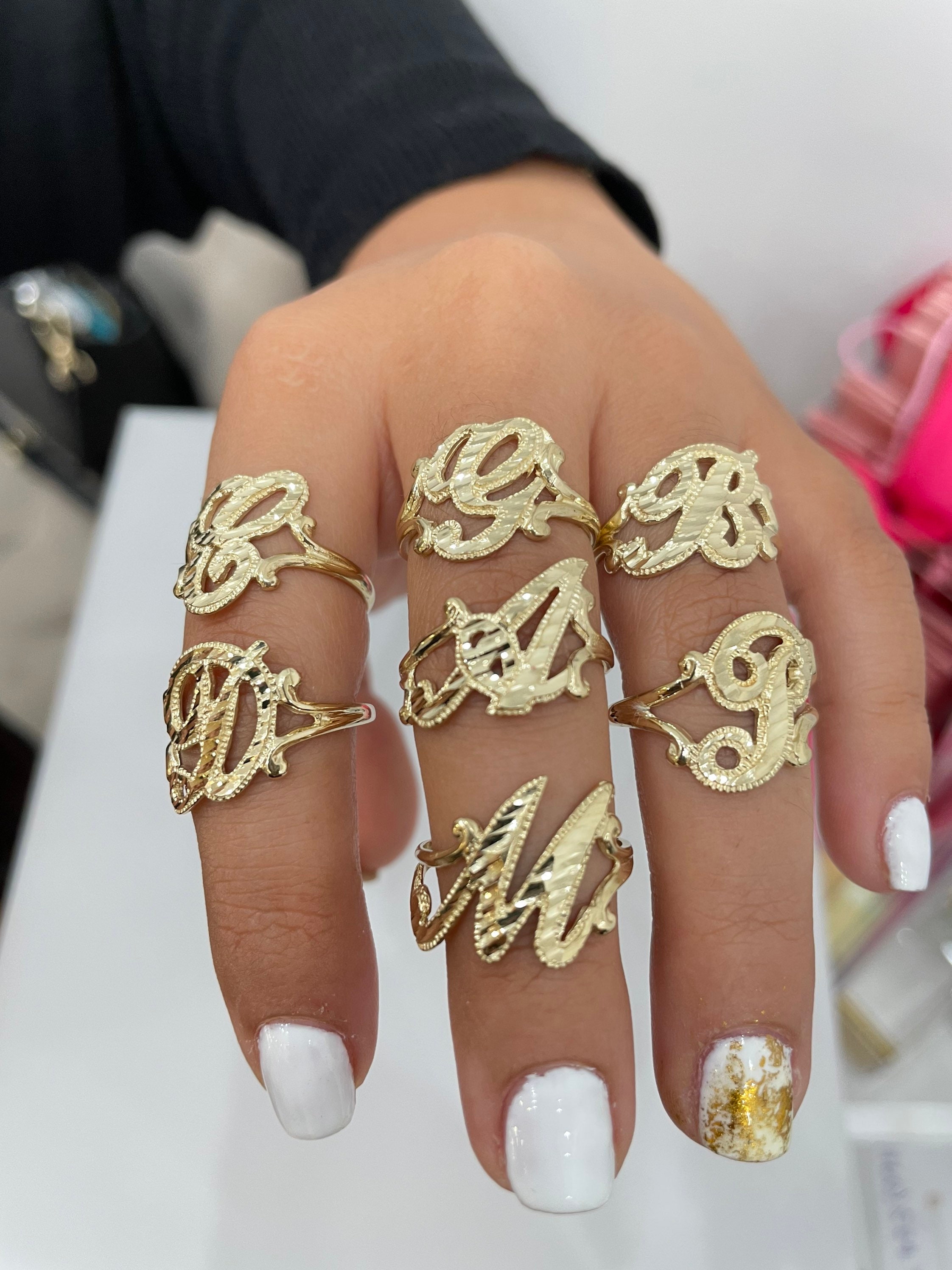14K Cursive Large Diamond Cut Initial Rings - Etsy