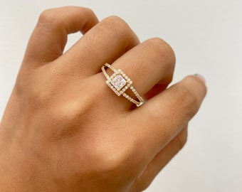 14K Square W/ Halo Double Band Ring