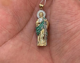 14k Solid Gold Saint Jude San Judas Matte Satin Half Body Charm Pendant Necklace - Diamond Cut Religious Jewelry for Men Him and Women Her