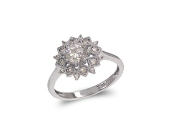 14K White Gold Snowflake Halo CZ Solitaire Ring