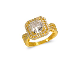 14K Double Halo Square Solitaire Ring