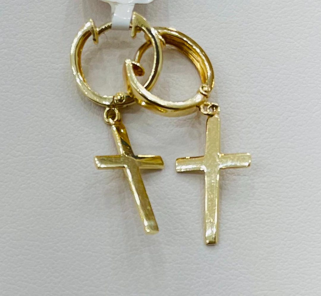14K Dangling Cross Huggies - Etsy