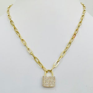 14K CZ Lock Paperclip Chain