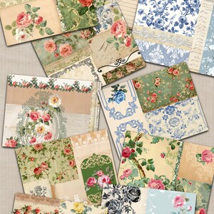 May include: A digital collage of 12 vintage floral patterned paper squares. The patterns feature roses, blue flowers, and yellow flowers on a variety of backgrounds, including green, blue, and cream. The text "Citrus Journal Subi instant download" is at the bottom of the image.