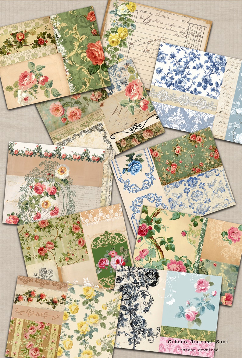May include: A digital collage of 12 vintage floral patterned paper squares. The patterns feature roses, blue flowers, and yellow flowers on a variety of backgrounds, including green, blue, and cream. The text "Citrus Journal Subi instant download" is at the bottom of the image.