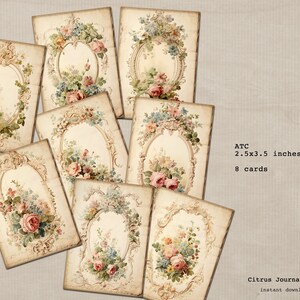 May include: Eight vintage-style printable cards featuring ornate frames and floral designs in shades of pink, blue, and green. The cards are 2.5x3.5 inches and are perfect for scrapbooking, card making, or other crafting projects.  ATC 2.5x3.5 inches 8 cards Citrus Journal Subi instant download
