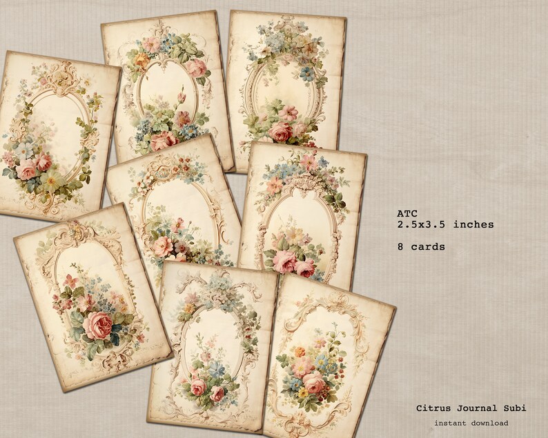 May include: Eight vintage-style printable cards featuring ornate frames and floral designs in shades of pink, blue, and green. The cards are 2.5x3.5 inches and are perfect for scrapbooking, card making, or other crafting projects.  ATC 2.5x3.5 inches 8 cards Citrus Journal Subi instant download