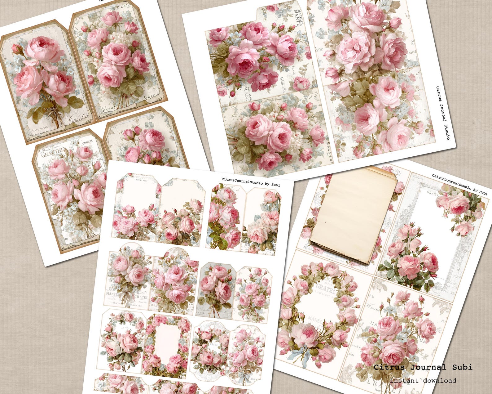 Shabby Chic Tags, Blush Rose Ephemera, Vintage Junk Journal Tags ...