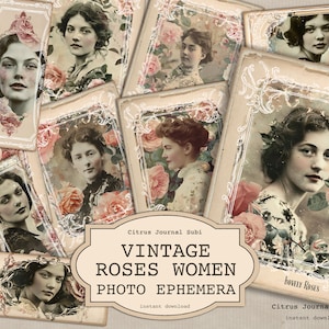 Foto vintage, fotos antigas, rosas vintage, diário de lixo, coisas efêmeras, retratos, fotos antigas, senhoras vitorianas, colagem, inserção de diário