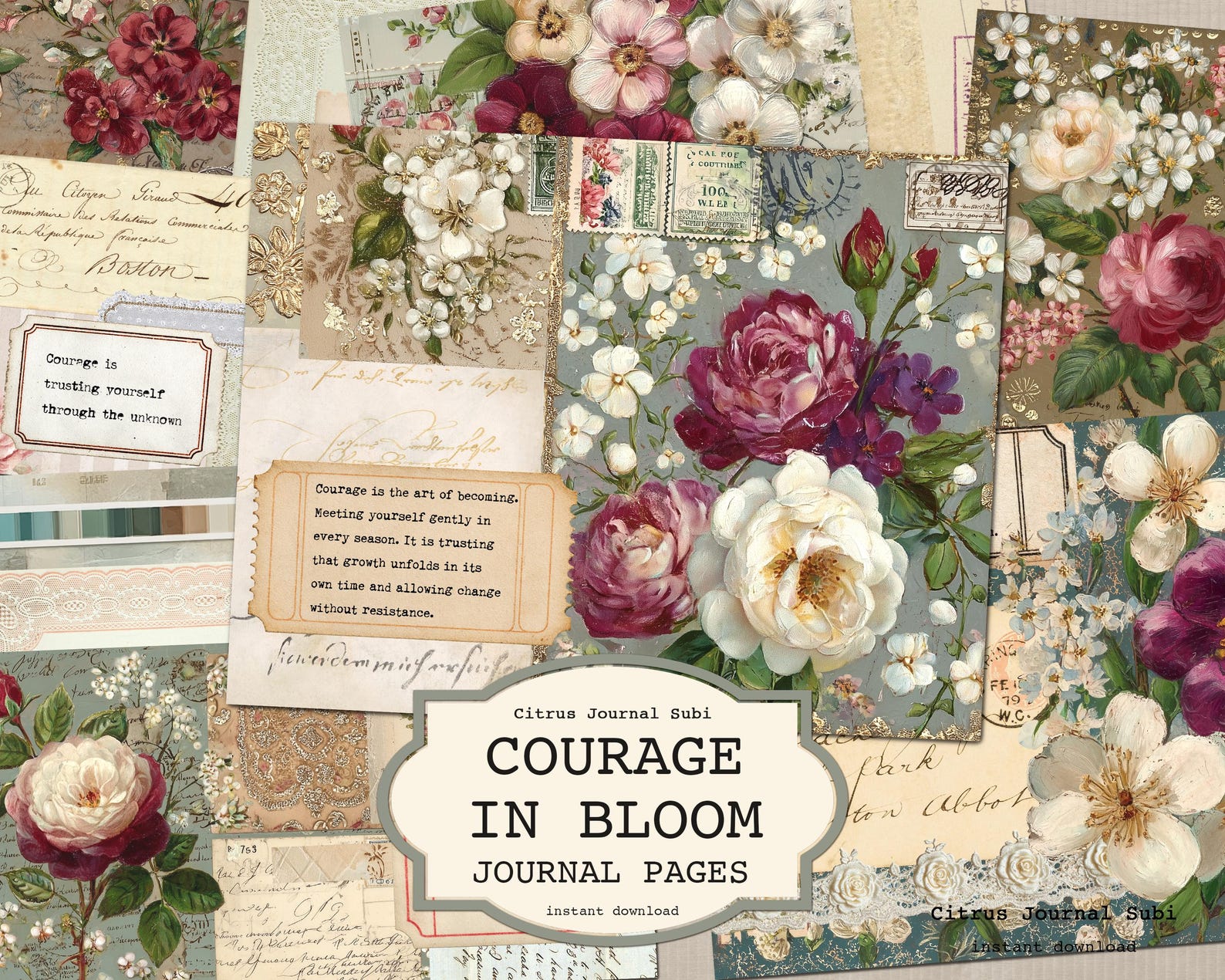 Vintage Floral Courage Junk Journal Kit – Printable Postcards, Labels ...