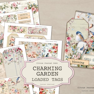 Chargé d'étiquettes, étiquettes de carnet Shabby Chic, roses minables, étiquettes de carnet indésirable, étiquettes florales, pochettes chargées, éphémères oiseaux, étiquettes florales roses