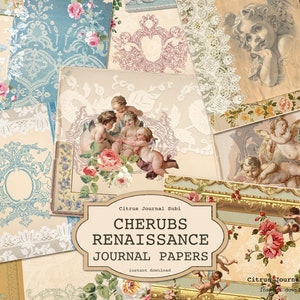 Puede incluir: Un collage digital de imágenes de estilo vintage con querubines, rosas y marcos ornamentados. El texto "Cherubs Renaissance Journal Papers" se muestra en una pancarta en la parte inferior de la imagen.