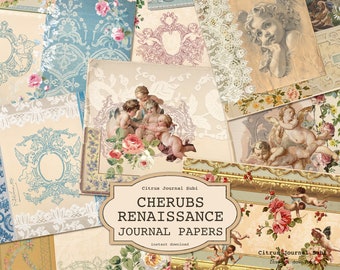 Querubines Diario Basura, Diario Renacimiento, Rosa Vintage, Diario Basura, Diario Basura de Encaje, Ángeles Cupido, Patrón Floral, Diario Imprimible