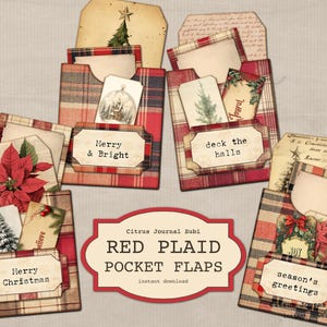 Vintage Red Plaid, Christmas Tree Tags, Vintage Pocket Flaps, Junk Journal Pockets, Loaded Pockets, Holiday Loaded Tags, Christmas Labels