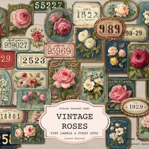 Vintage Roses Journal Labels, Cottagecore Tiny Tags, Shabby Chic Fussy Cuts, Number Labels, Printable Vintage Ephemera, Junk Journal Labels