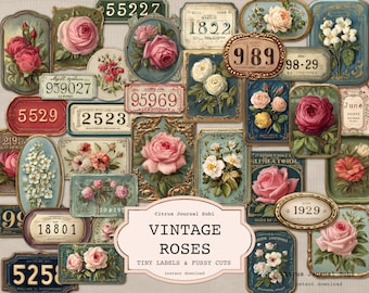 Vintage Roses Journal Labels, Cottagecore Tiny Tags, Shabby Chic Fussy Cuts, Number Labels, Printable Vintage Ephemera, Junk Journal Labels
