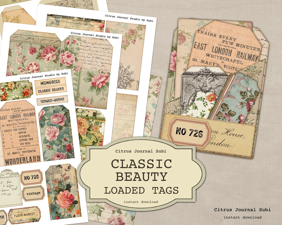 Loaded Tags, Vintage Journal Tags, Vintage Roses, Junk Journal Tags ...