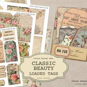 Tag caricati, Tag di diario vintage, Rose vintage, Tag di diario spazzatura, Tag floreali, Stampabile, Tasche caricate, Effimeri vintage, Kit digitale