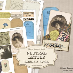 Etiquetas cargadas neutrales, Etiquetas de diario vintage, Carta vintage, Etiquetas de diario basura, Foto antigua, Foto efímera, Documentos antiguos, Efímera neutra