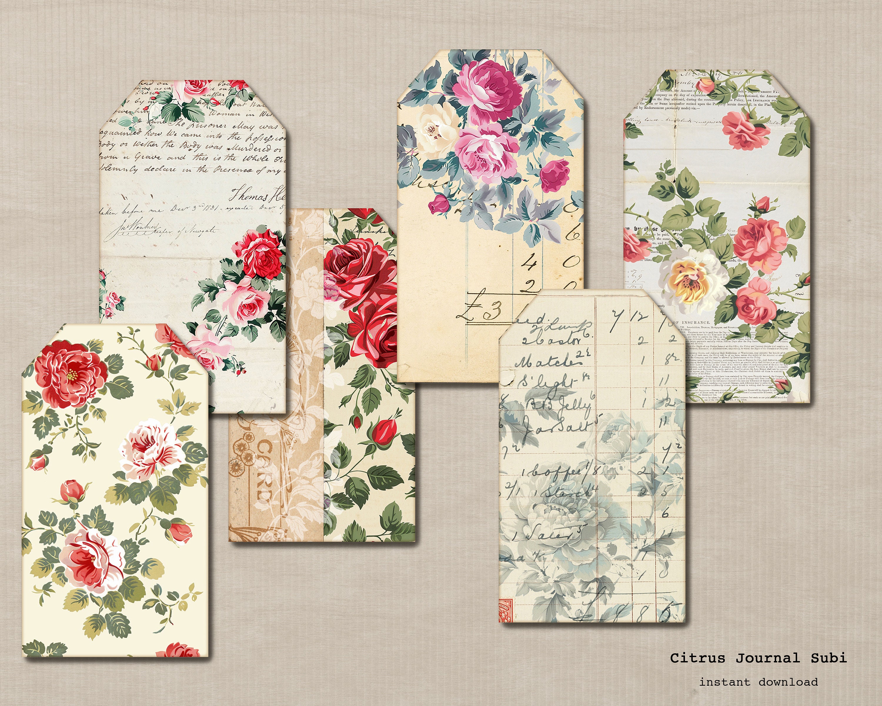 Junk Journal Tags, Floral Tags, Vintage Roses, Shabby Rose Tags ...