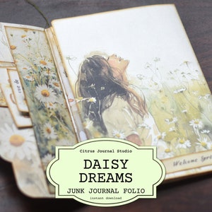 Carnet de voyage Daisy, folio printanier, folio de journal indésirable, éphémères du printemps, journal floral indésirable, étiquettes florales, étiquettes marguerite, étiquettes chargées, trois volets