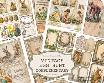 Vintage Easter Junk Journal, Egg Hunt, Easter Tags, Easter Rabbit, Journal Tags, Easter Egg, Vintage Bunny, Junk Journaling, Spring Ephemera