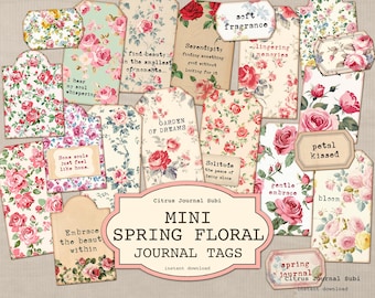 Spring Tags, Floral Journal Tags, Junk Journal Tags, Vintage Roses Tags, Journal Phrases, Mini Tags, Journal Insert, Printable Ephemera
