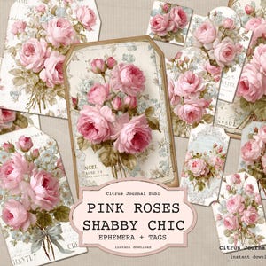Etiquetas Shabby Chic, Efémeras Rosa Blush, Etiquetas Vintage Junk Journal, Encartes Românticos de Flores para Scrapbook, Diário Vintage Rose, Cartões de Biblioteca