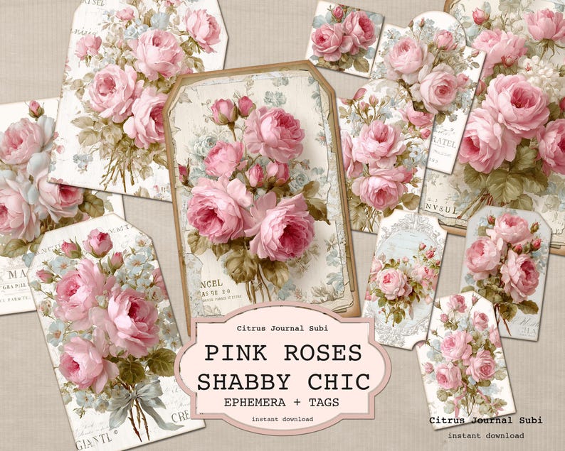 Shabby Chic Tags, Blush Rose Ephemera, Vintage Junk Journal Tags ...