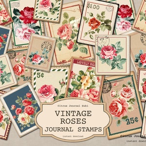 Sellos de rosas, sellos de diario basura, rosas vintage, efímera de diario, efímera de rosa, correo de diario basura, cortes quisquillosos, diario basura, imprimible