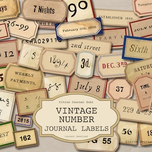 Ongewenste dagboeketiketten, vintage dagboeklabels, vintage ephemera, afdrukbare etiketten, junkjournaalkit, nummerlabels, vintage labels, nummerlabels