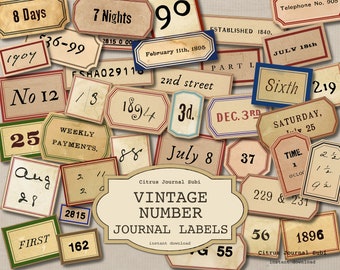 Junk Journal Labels, Vintage Journal Tags, Vintage Ephemera, Printable Labels, Junk Journal Kit, Number Labels, Vintage Labels, Number Tags