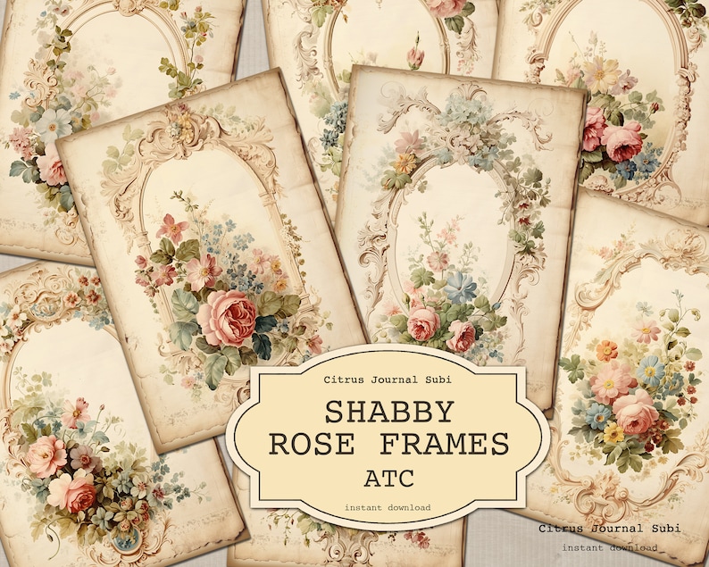 May include: A set of six digital printable shabby chic frames featuring floral designs with roses and other flowers in shades of pink, blue, and green. The frames are decorated with ornate gold details and have a vintage aesthetic. The text "Shabby Rose Frames ATC" is displayed on a label.