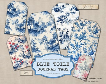 May include: Blue and white toile patterned printable journal tags with the text "Blue Toile Journal Tags" and "Citrus Journal Subi" in a blue and white banner.