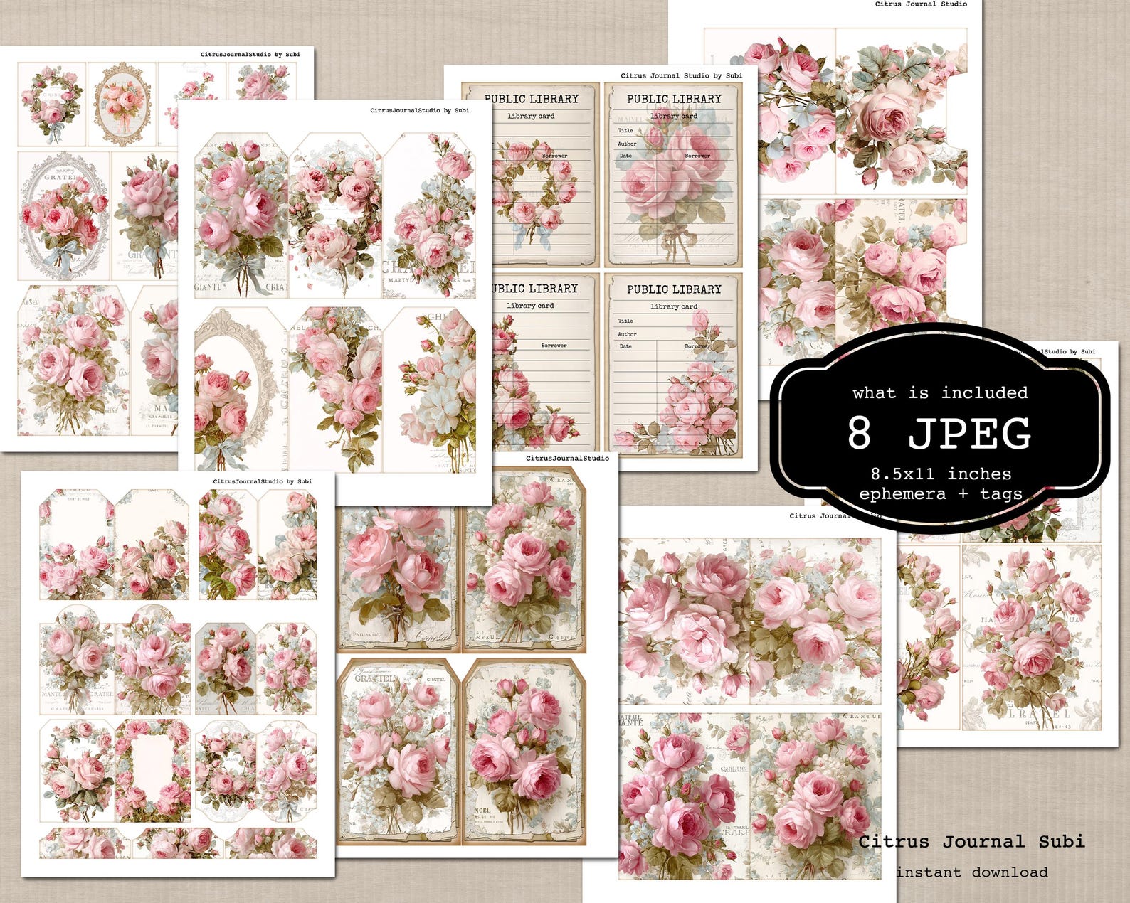 Shabby Chic Tags, Blush Rose Ephemera, Vintage Junk Journal Tags ...