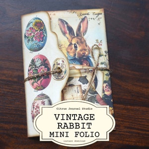 Vintage Konijn Mini Folio, Vintage Pasen, Paashaas, Paaseieren, Junk Journaling, Trifold Folio, Konijn Tags, Peter Rabbit, Digitale Kit