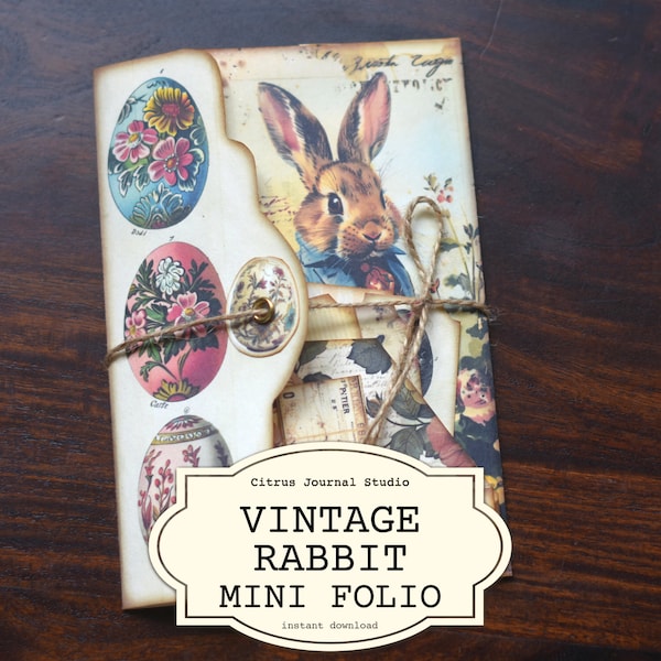 Vintage Rabbit Mini Folio, Vintage Easter, Easter Bunny, Easter Eggs, Junk Journaling, Trifold Folio, Rabbit Tags, Peter Rabbit, Digital Kit