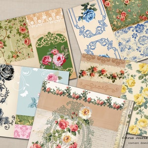 May include: A set of 10 digital papers featuring floral patterns with roses, blue flowers, and yellow flowers. The papers are in a vintage style and are perfect for scrapbooking, card making, and other crafting projects.