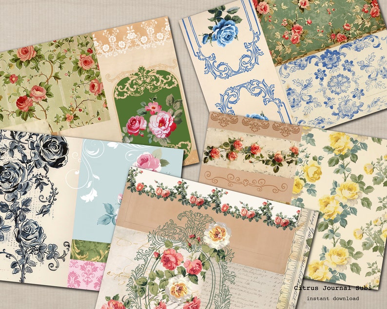 May include: A set of 10 digital papers featuring floral patterns with roses, blue flowers, and yellow flowers. The papers are in a vintage style and are perfect for scrapbooking, card making, and other crafting projects.