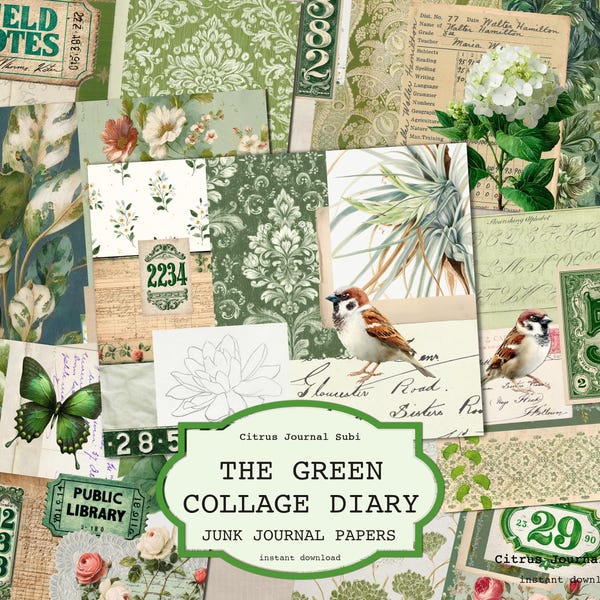 Green Floral Junk Journal Kit, Vintage Roses, Botanical Ephemera (Digital Download)