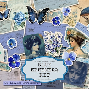 Papier éphémère bleu, journal indésirable bleu, bleu vintage, journal indésirable, enveloppes bleues, fleurs bleues, coupes difficiles, journal imprimable, éphémère papillon